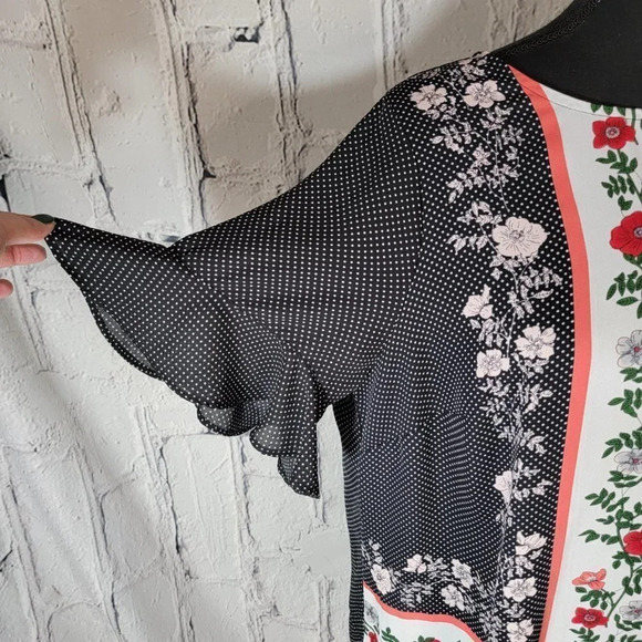 LIZ Claiborne Dolman Black Polka Dot‎ Floral Panel Flowy Chiffon Blouse Top OX - Picture 2 of 6